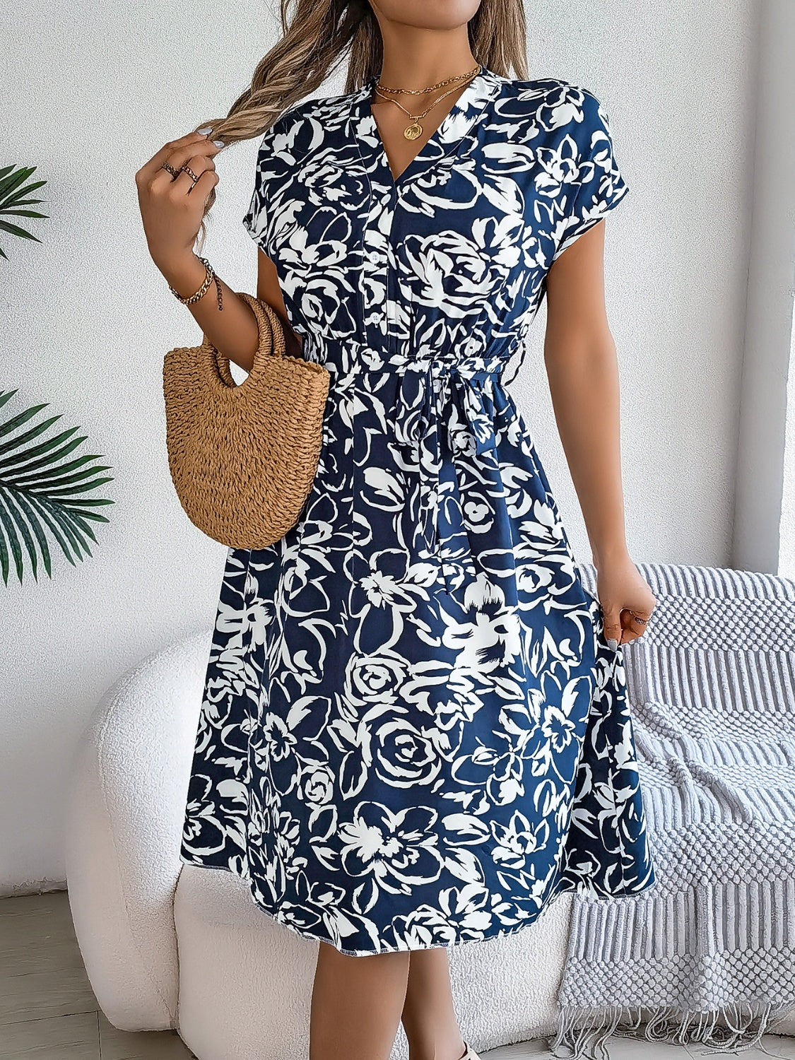 Printed V-Neck Short Sleeve Mini Dress