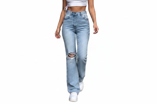 Women's Full-Size High-waisted Ripped Slightly Flared Slim-fit Wash Jeans Light Blue