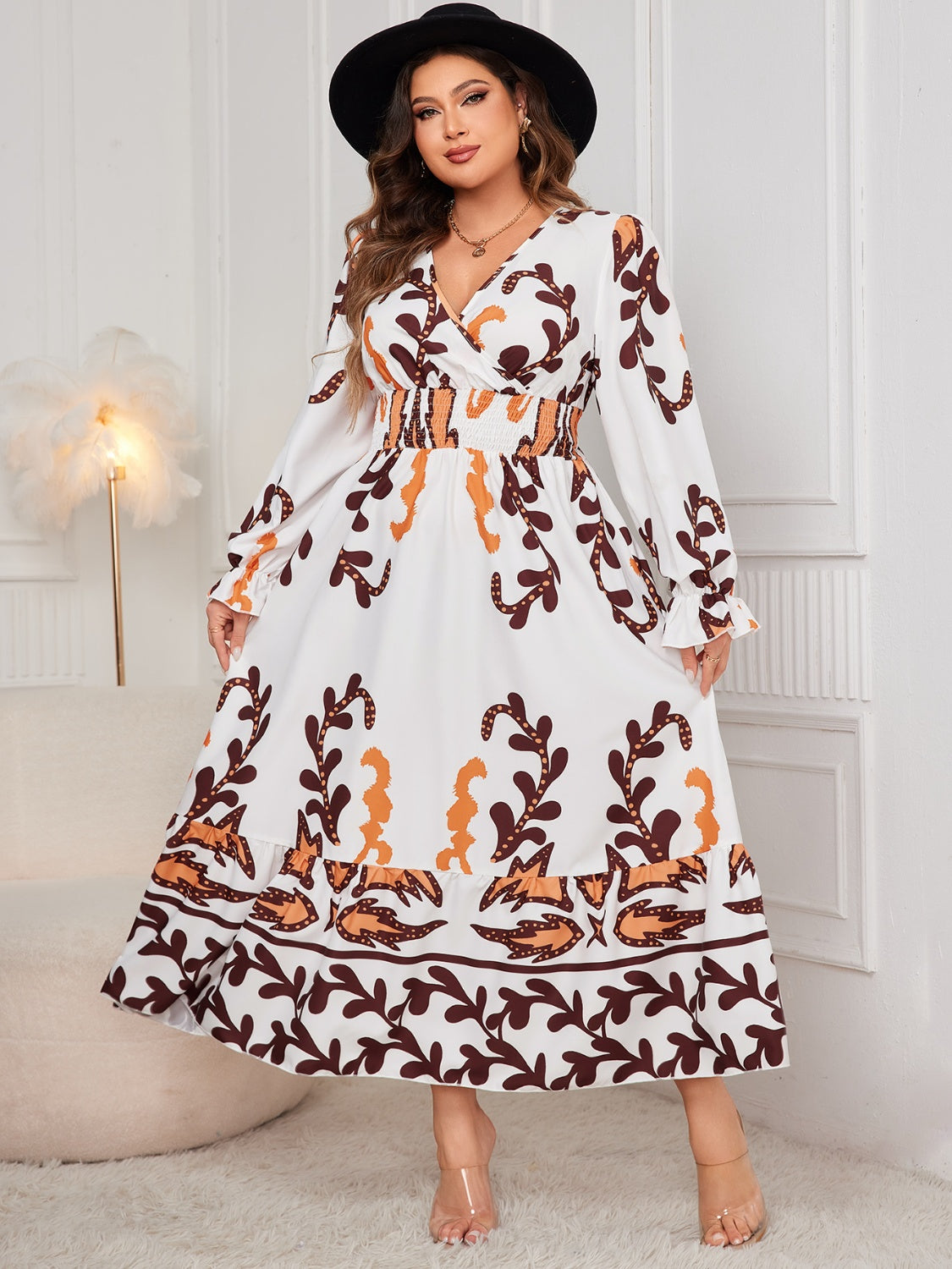 Honey Plus Size Printed Surplice Flounce Sleeve Maxi Dress