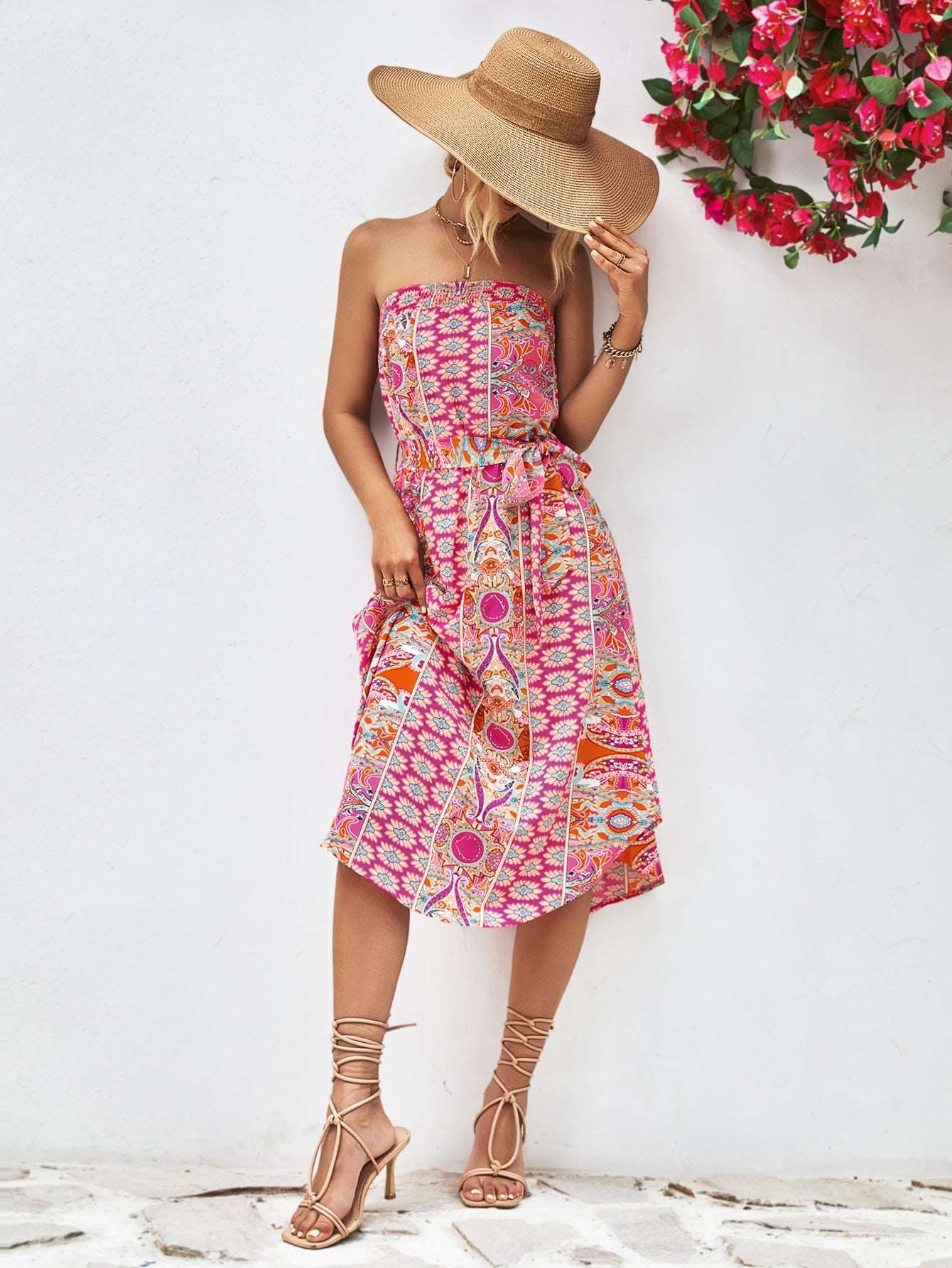 Printed Strapless Tie Belt Dress - Pink