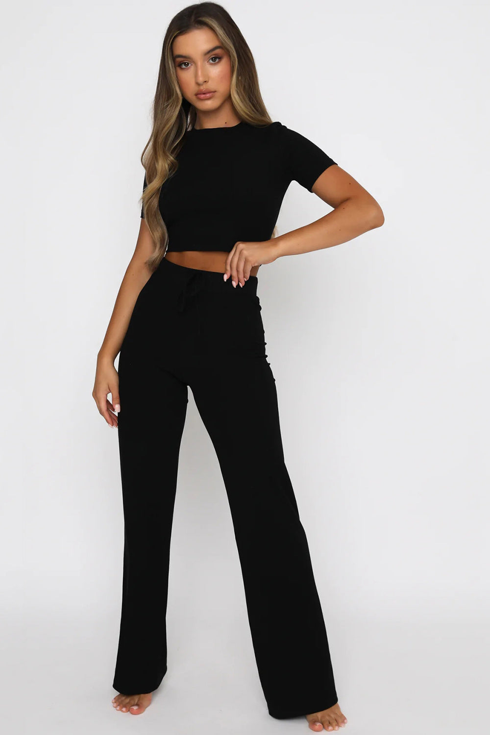 Women's Round Neck Short Sleeve Top and Pants Set