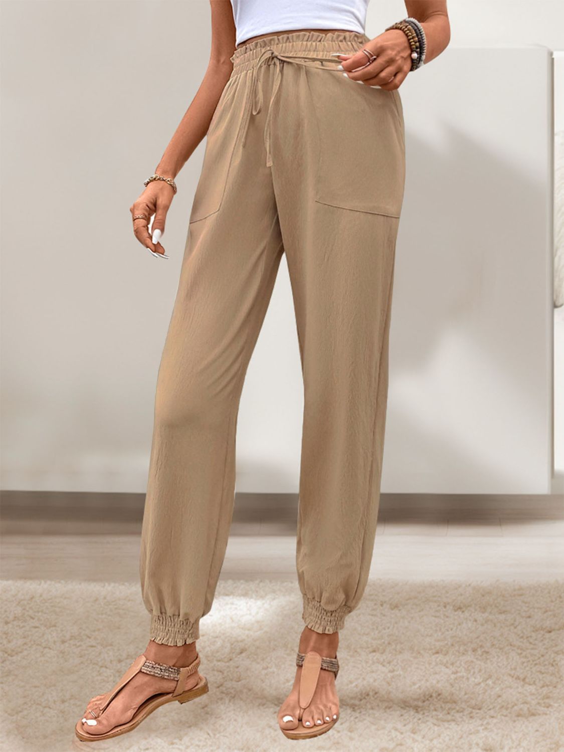 Women's Tied Elastic Waist Pants with Pockets