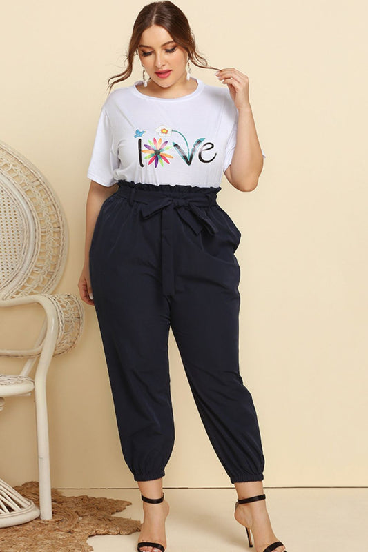 Plus Size Graphic Tee and Belted Paperbag Pants Set