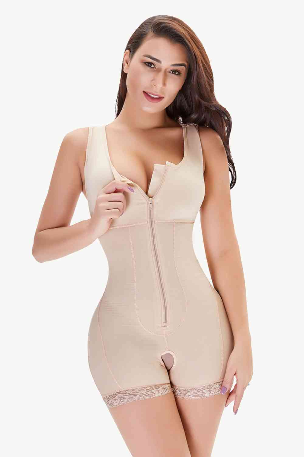 Women's Zip-Up Scoop Neck Lace Trim Shapewear