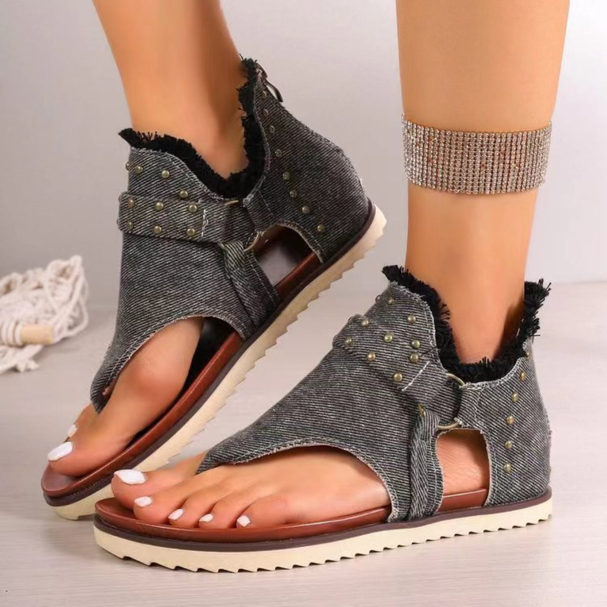 Women's Studded Raw Hem Flat Sandals