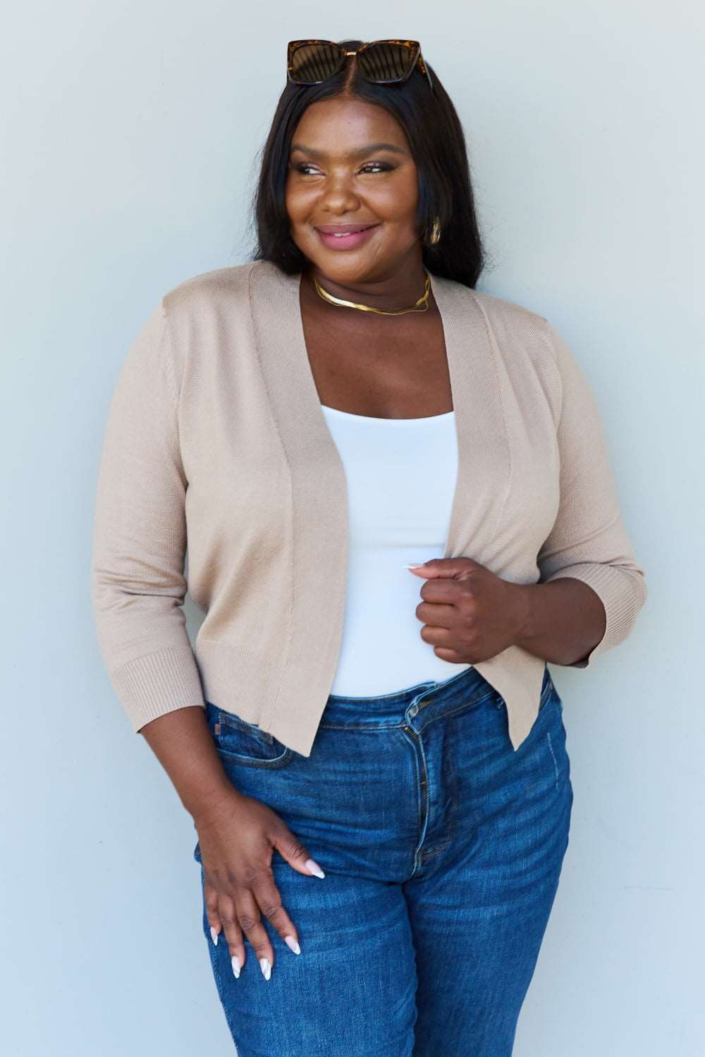 Ninexis - Doublju My Favorite Plus Size 3/4 Sleeve Cropped Cardigan in Khaki