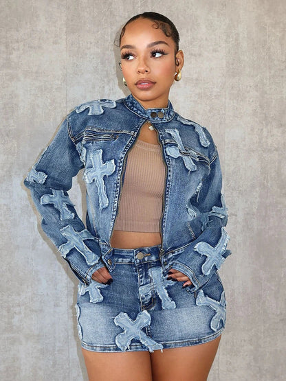 Women's Embroidered Denim Cargo Outfit - Full Sleeve Jacket & Pants Blue