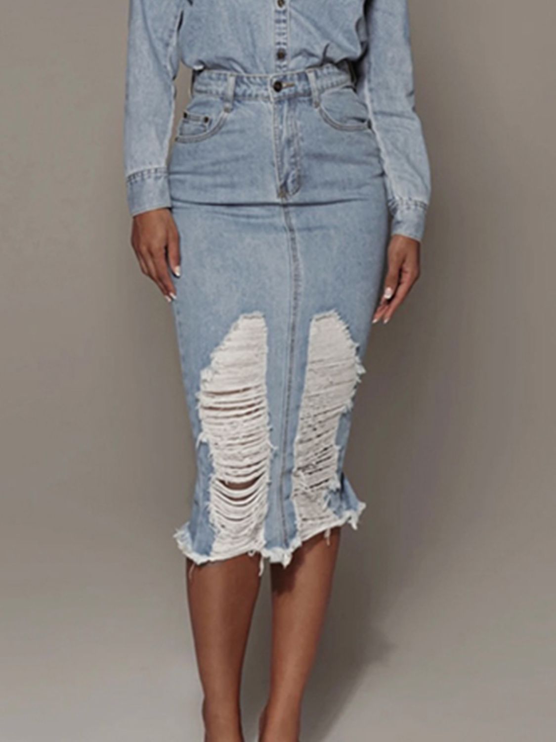 Women's Distressed Slit Denim Skirt