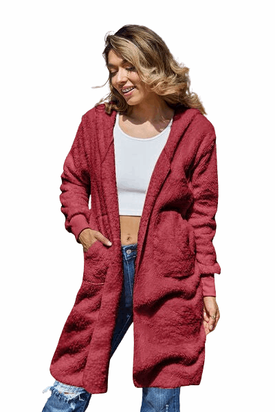 Double Take Women's Plus Size Hooded Teddy Bear Jacket with Thumbholes - Deep Red