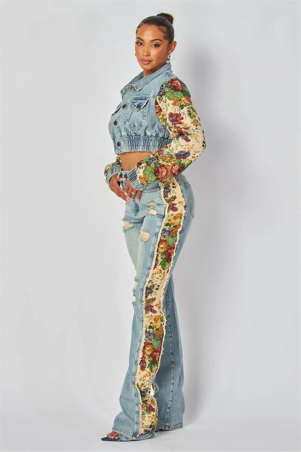 Women's Printed Splicing Long Sleeve Denim Jacket and Jean Pants Set