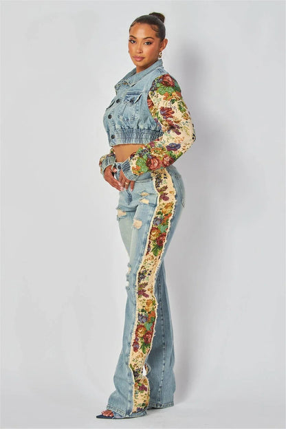 Women's Printed Splicing Long Sleeve Denim Jacket and Jean Pants Set