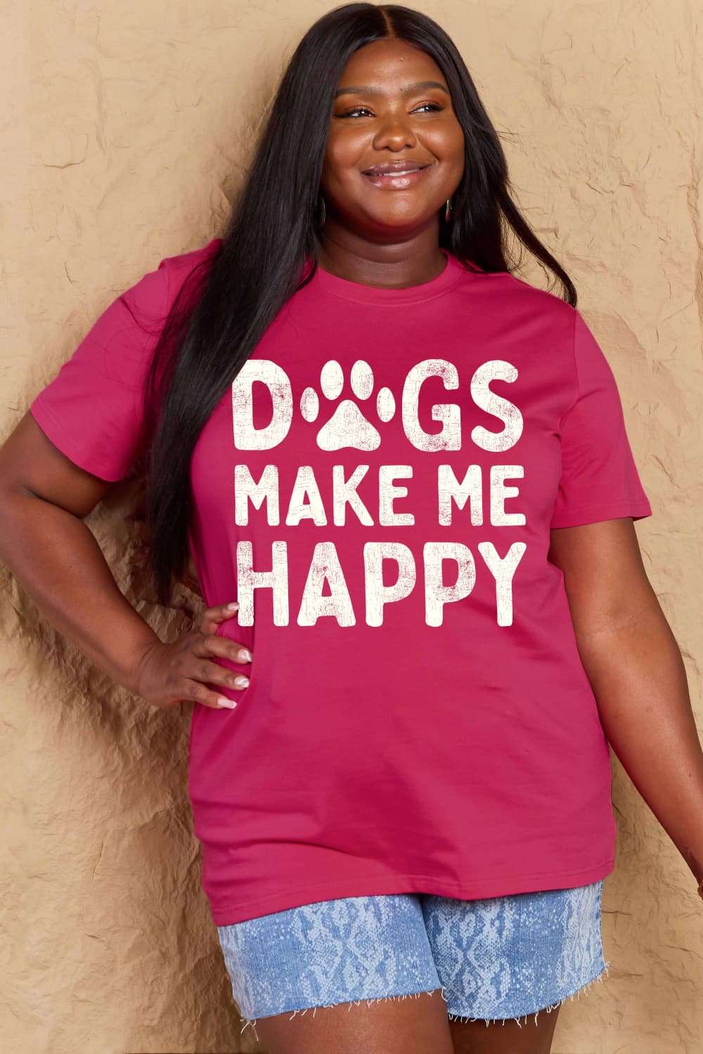 Simply Love - Women's Plus Size DOGS MAKE ME HAPPY Graphic Cotton T-Shirt