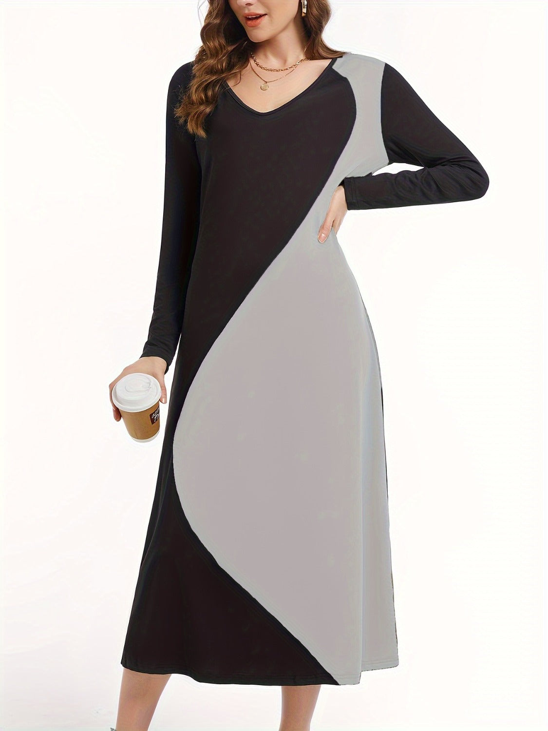 Women's Contrast Long Sleeve Midi Dress