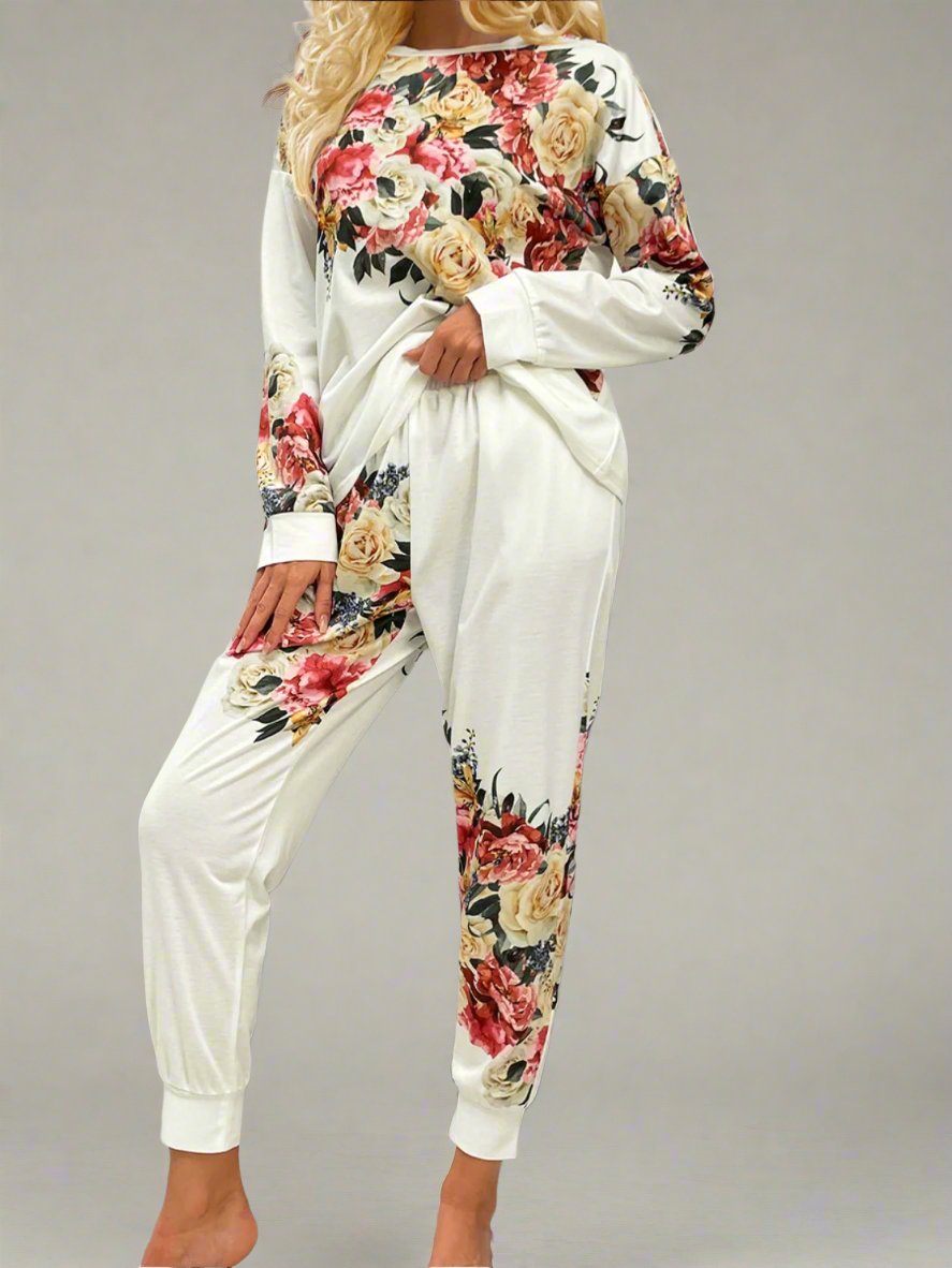 Printed Round Neck Top and Pants Lounge Set