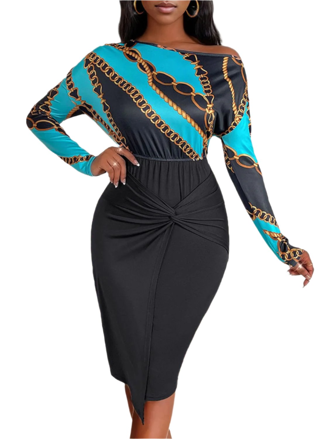 Perfee Twisted Printed Long Sleeve Midi Dress