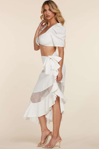 Puff Sleeve Crop Top & Midi Skirt Set | 2-Piece Linen Cotton Outfit