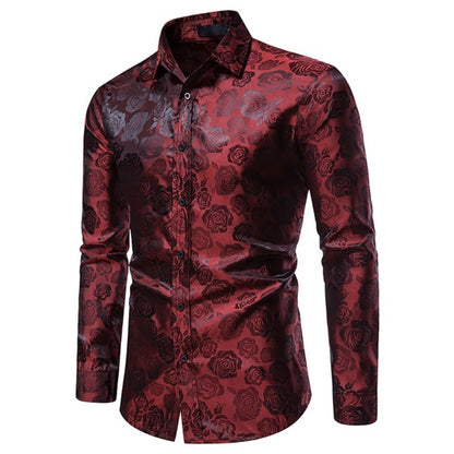Men's Rose Jacquard Long Sleeve Shirt | Slim Fit Floral Button-Down Dress Shirt