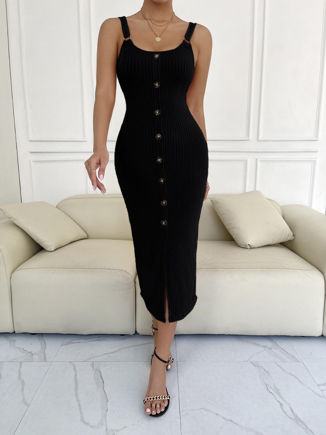 Ribbed Slit Decorative Button Cami Midi Dress