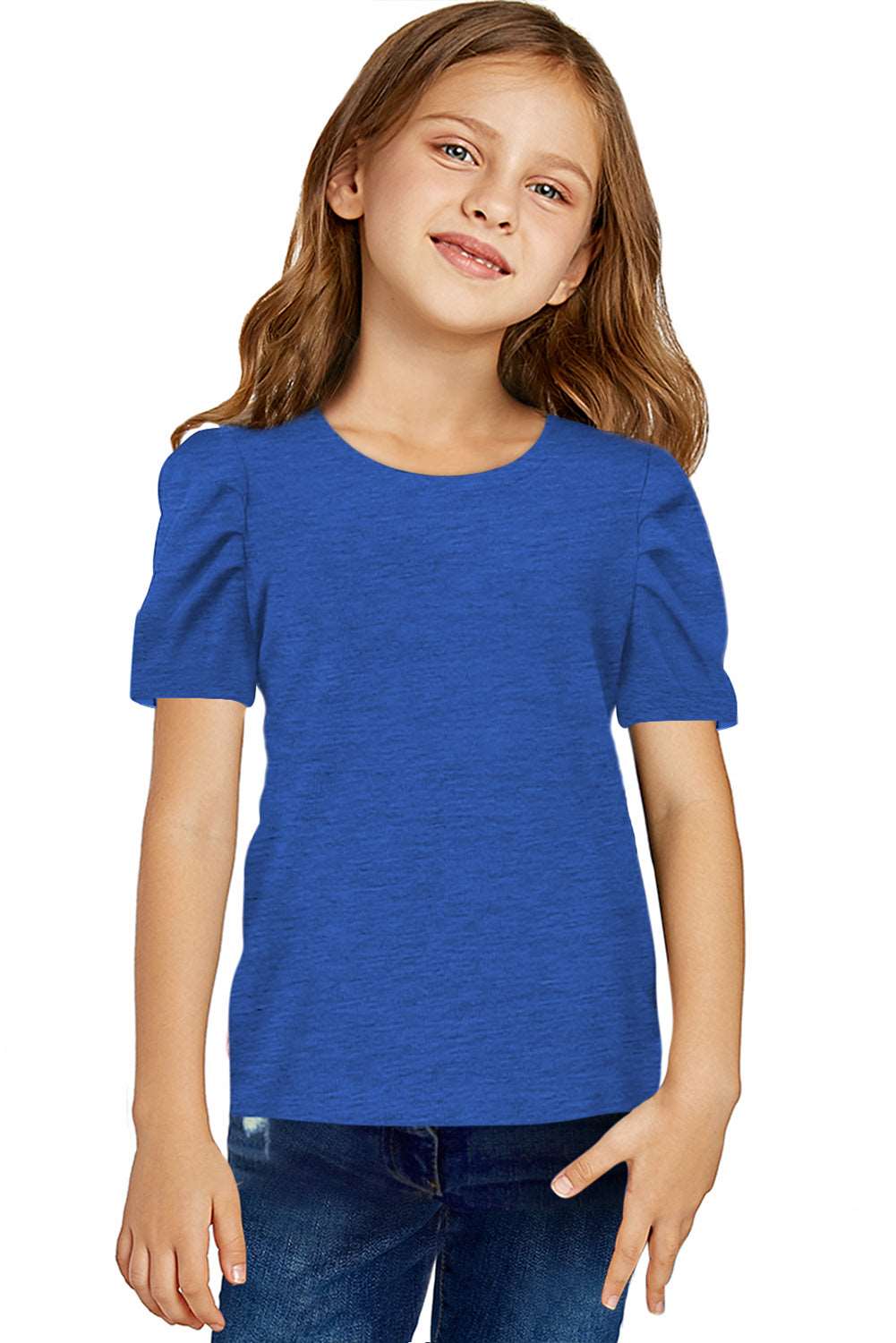 Girls Round Neck Puff Sleeve Blouse, royal blue, front view