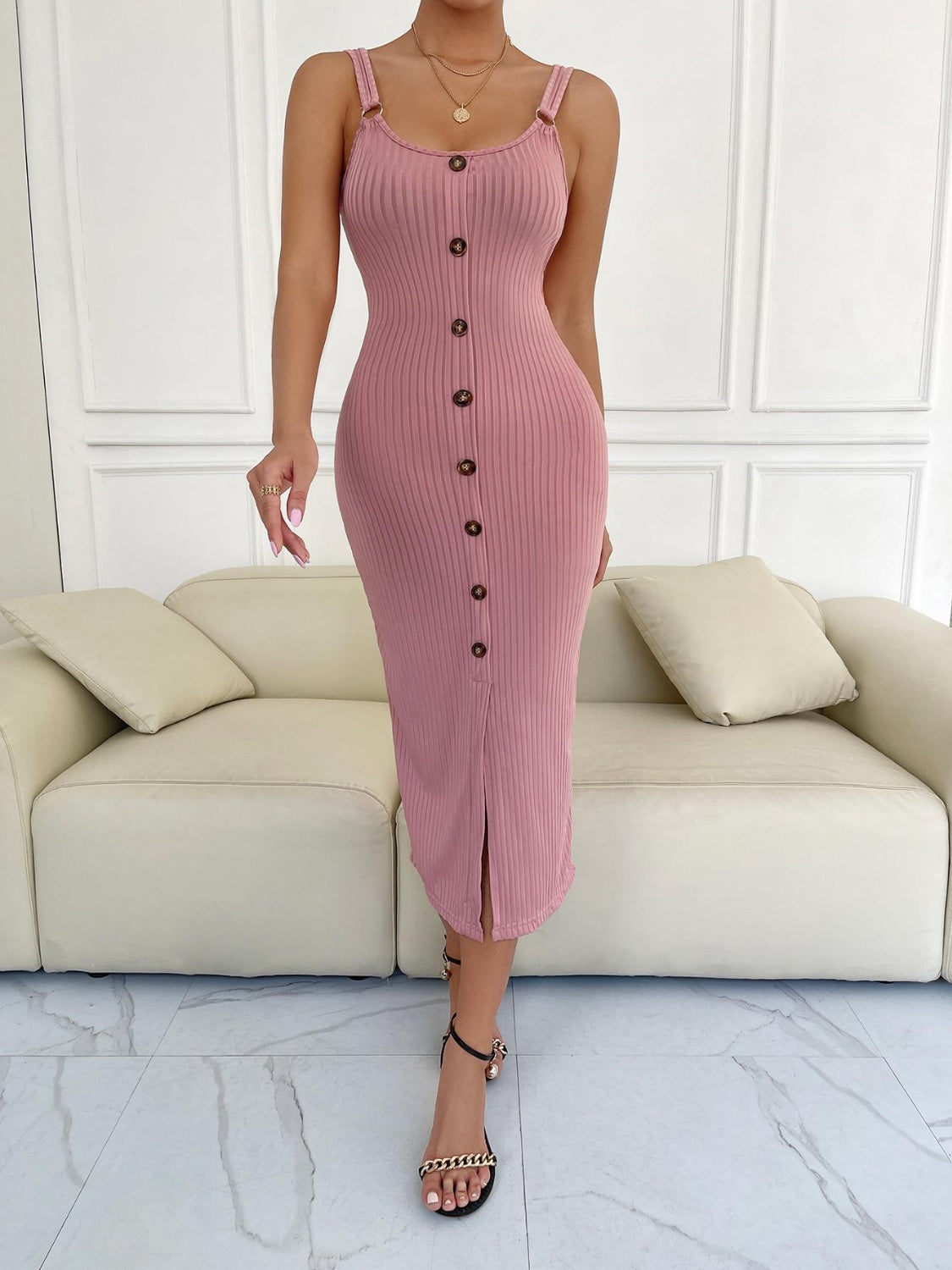 Ribbed Slit Decorative Button Cami Midi Dress