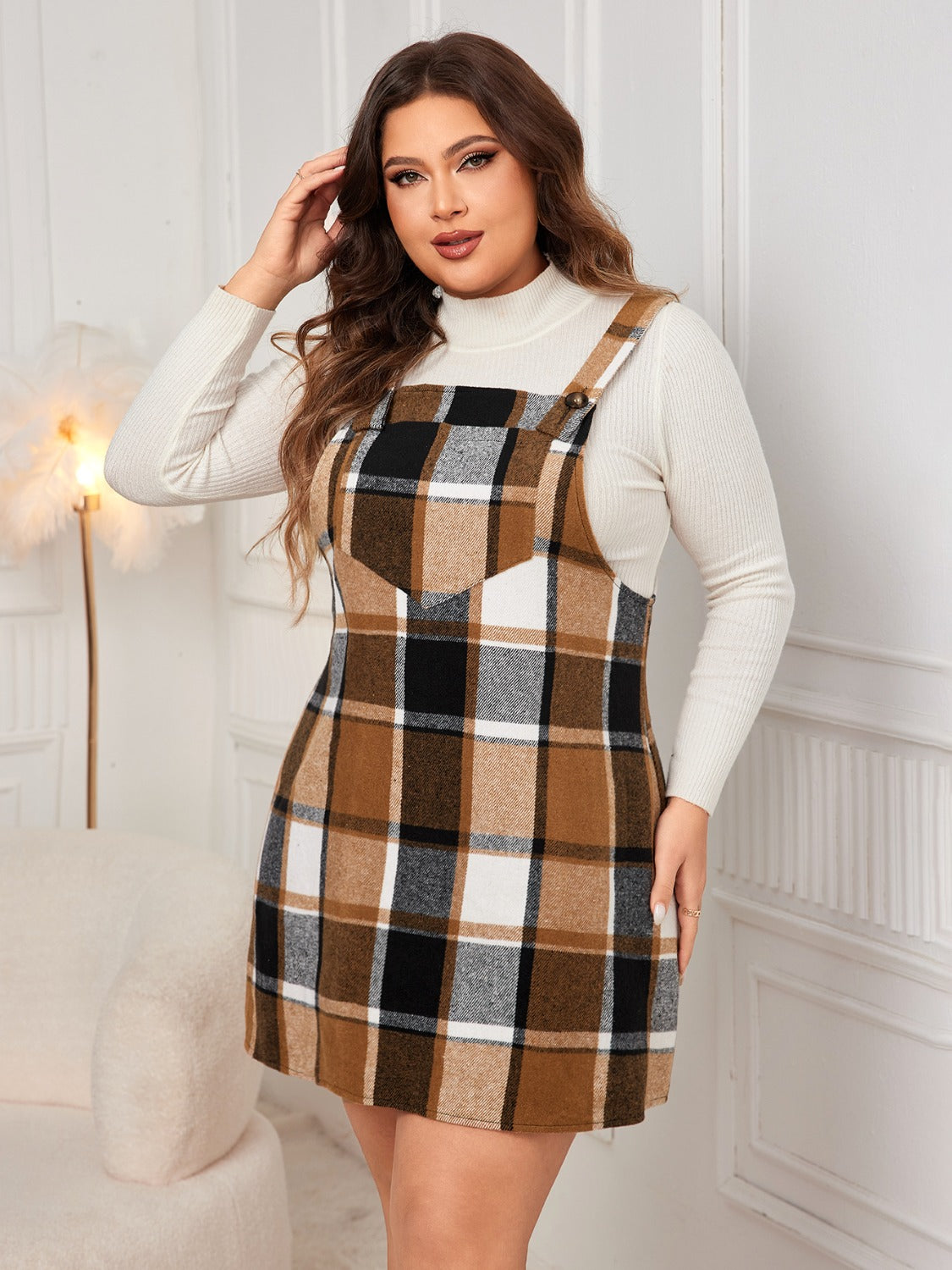 Honey Plus Size Plaid Wide Strap Overall Mini Dress