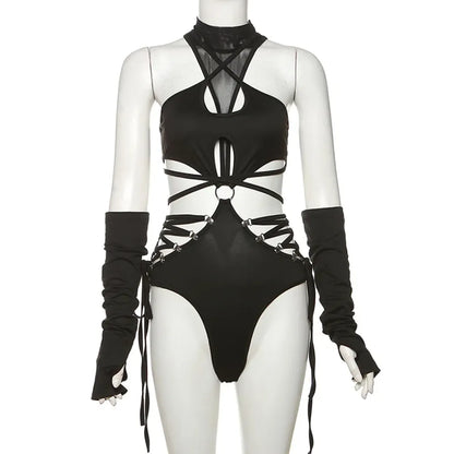 Gothic Techwear Hollow-Out Bodysuit Black