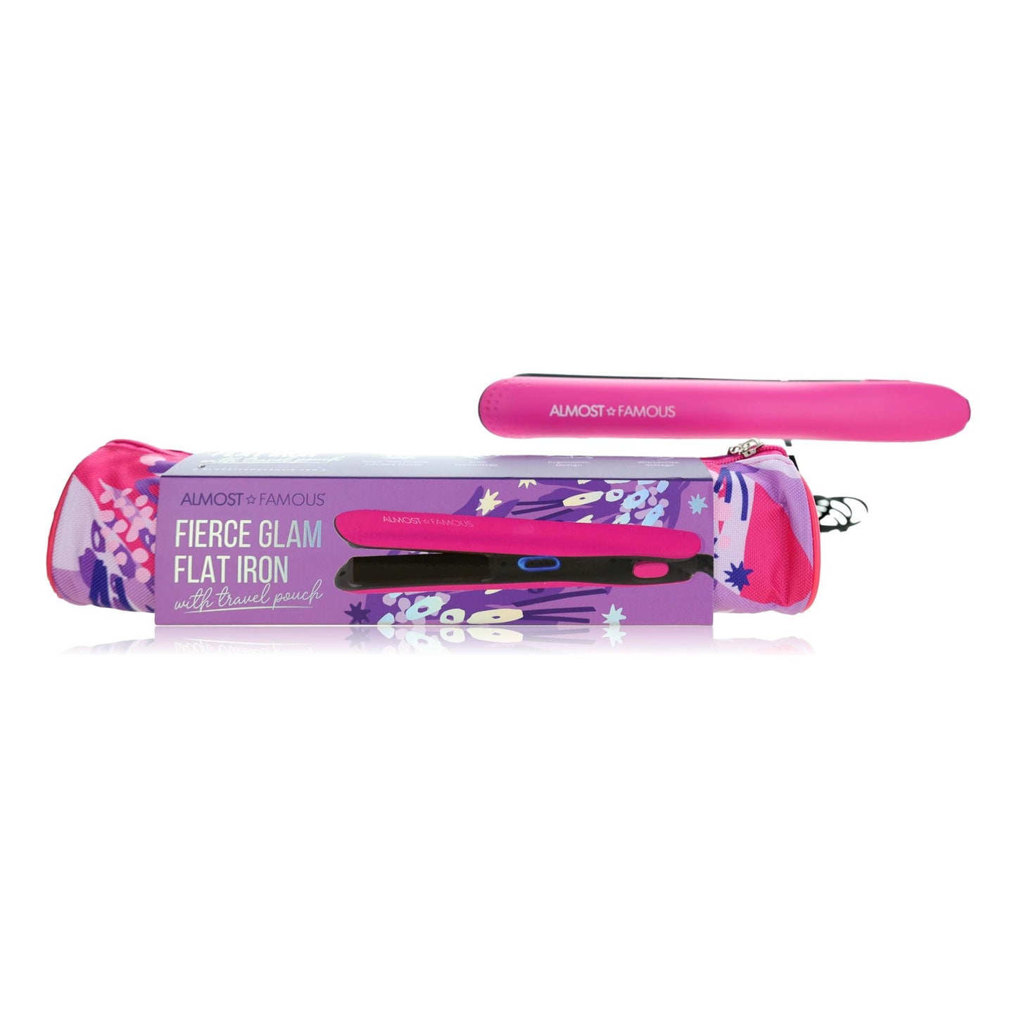Fierce Glam by Almost Famous, Flat Iron With Travel Pouch - Pink by Almost Famous