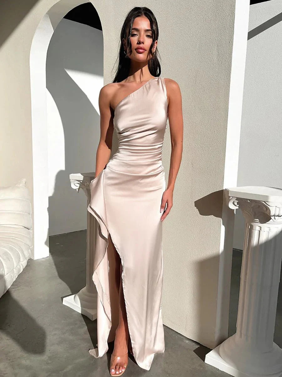Manny One Shoulder Satin Maxi Dress Pink