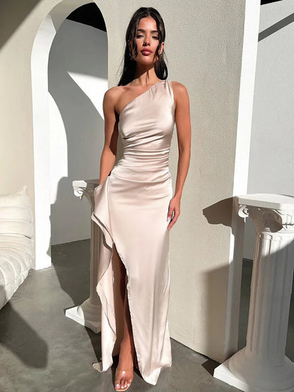 Manny One Shoulder Satin Maxi Dress Pink