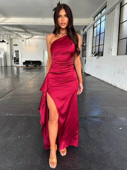 Manny One Shoulder Satin Maxi Dress Red