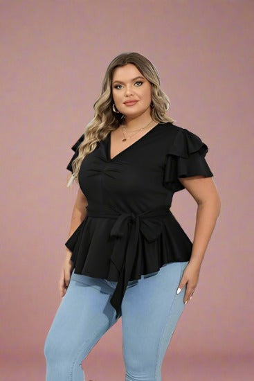 Plus Size Tunics Peplum Tops Deep V-Neck Ruffles Short Sleeve Belted Blouse