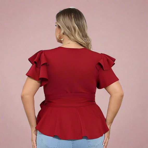 Plus Size Tunics Peplum Tops Deep V-Neck Ruffles Short Sleeve Belted Blouse