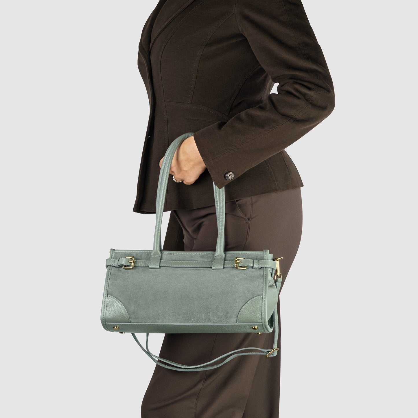 TAKEASY Italian Suede & Calf Leather Shoulder Bag | Structured Crossbody — Dark Grey, Beige, Olive & Grey