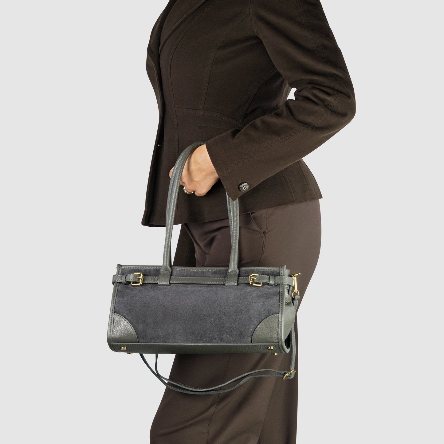 TAKEASY Italian Suede & Calf Leather Shoulder Bag | Structured Crossbody — Dark Grey, Beige, Olive & Grey