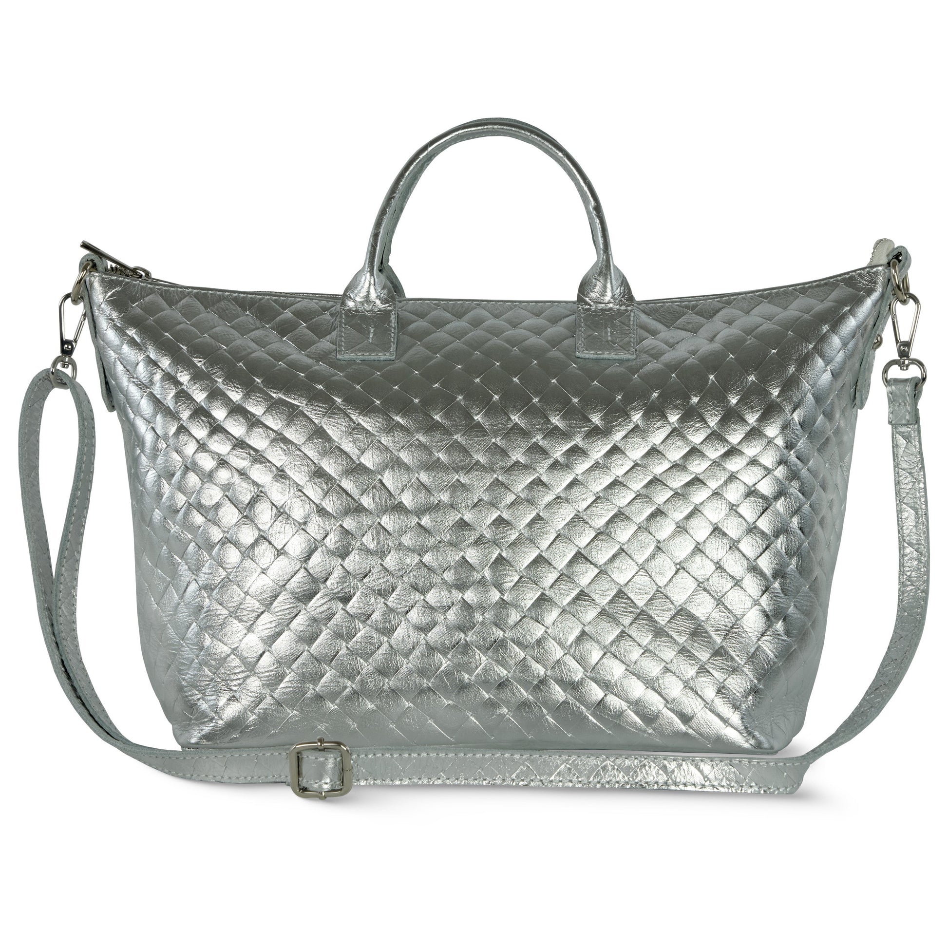 Italian Genuine Weave Metallic Suede Top-Handle Bag 112334 Weave Metallic Silver