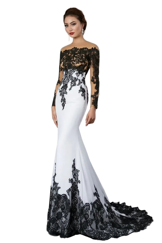 White Embroidered Lace Maxi Fishtail Slim Tail Gown Black and White