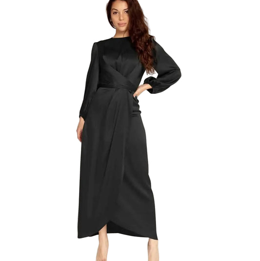 Satin Swing Maxi Dress | Long Sleeve Ruched Crew Neck Formal Dress Black