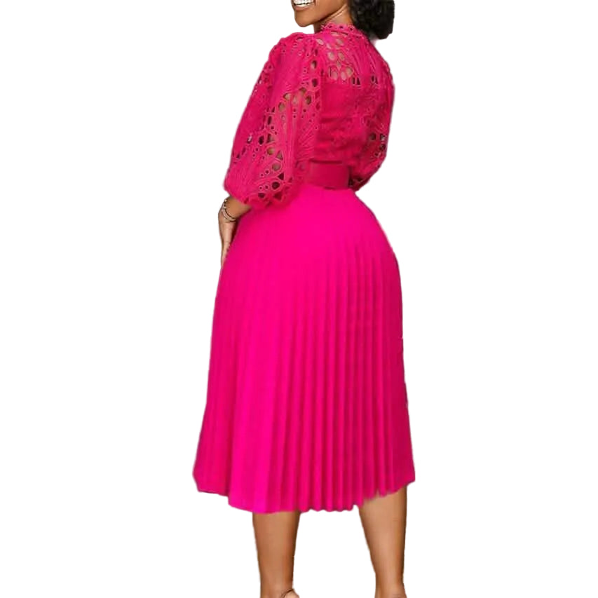 Pleated Sheath Knee Length Dress | Belted Crew Neck with Hollow Sleeve Detail Red