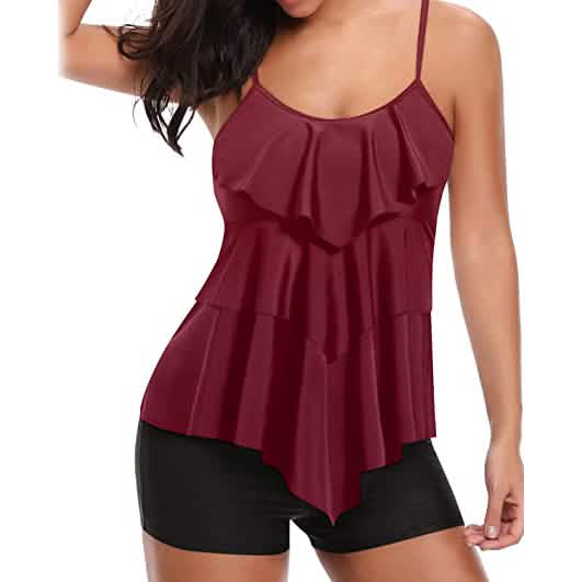 Ruffle Tankini Two-Piece Swimsuit | Tummy Control High-Waist Boyshort Set