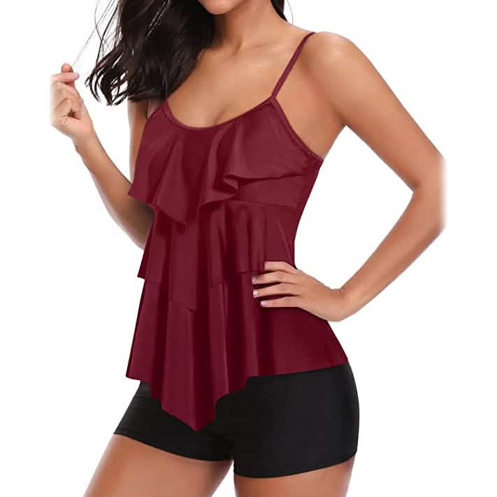 Ruffle Tankini Two-Piece Swimsuit | Tummy Control High-Waist Boyshort Set Wine Red