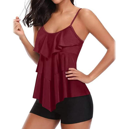 Ruffle Tankini Two-Piece Swimsuit | Tummy Control High-Waist Boyshort Set Wine Red