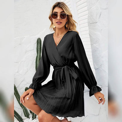 Wrap V-Neck Pleated Mini Dress | Lantern Sleeve A-Line with Belt
