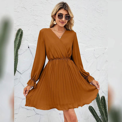 Wrap V-Neck Pleated Mini Dress | Lantern Sleeve A-Line with Belt