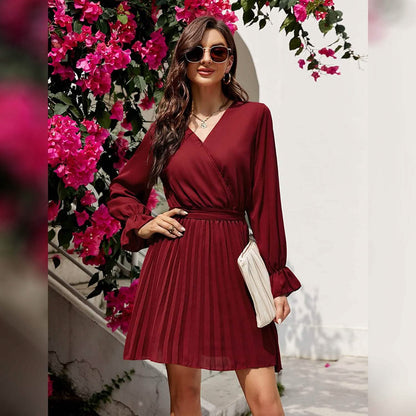 Wrap V-Neck Pleated Mini Dress | Lantern Sleeve A-Line with Belt