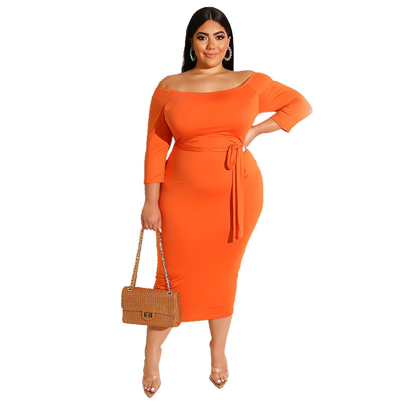 Plus Size Sunset Chic Bodycon off-the-Neck Midi Dress, orange, front view