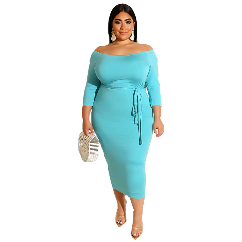 Plus Size Sunset Chic Bodycon off-the-Neck Midi Dress, blue, front model view