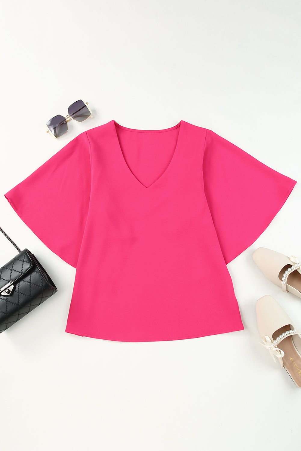 Women's V-Neck Cloak Sleeve Blouse - Hot Pink