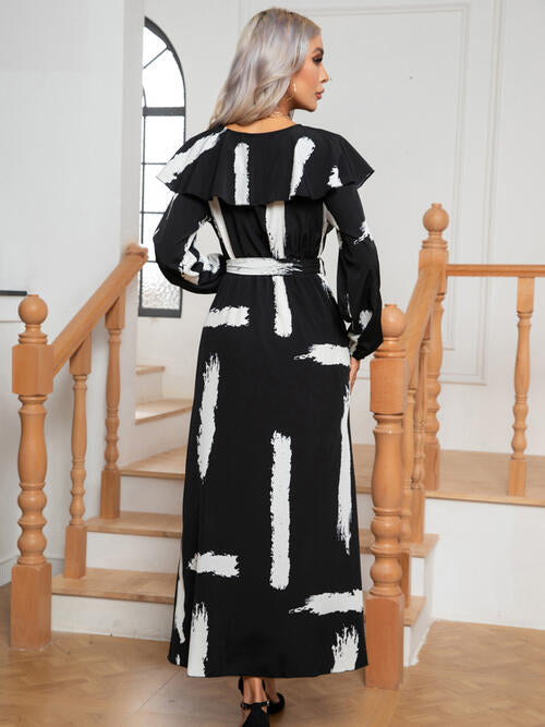 Printed Tie Front Ruffle Trim Long Sleeve Maxi Dress