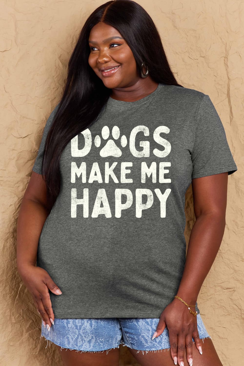 Simply Love - Women's Plus Size DOGS MAKE ME HAPPY Graphic Cotton T-Shirt