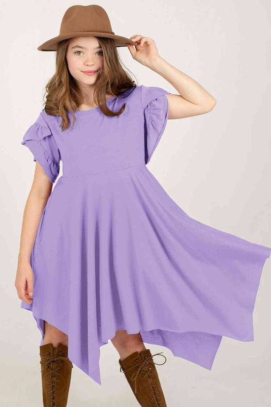 Girls Round Neck Petal Sleeve Ruffle Dress